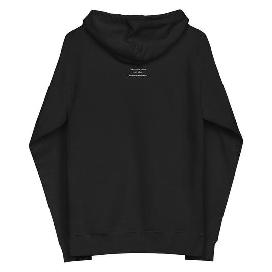 Black hoodie with a small white logo on the back against a white background