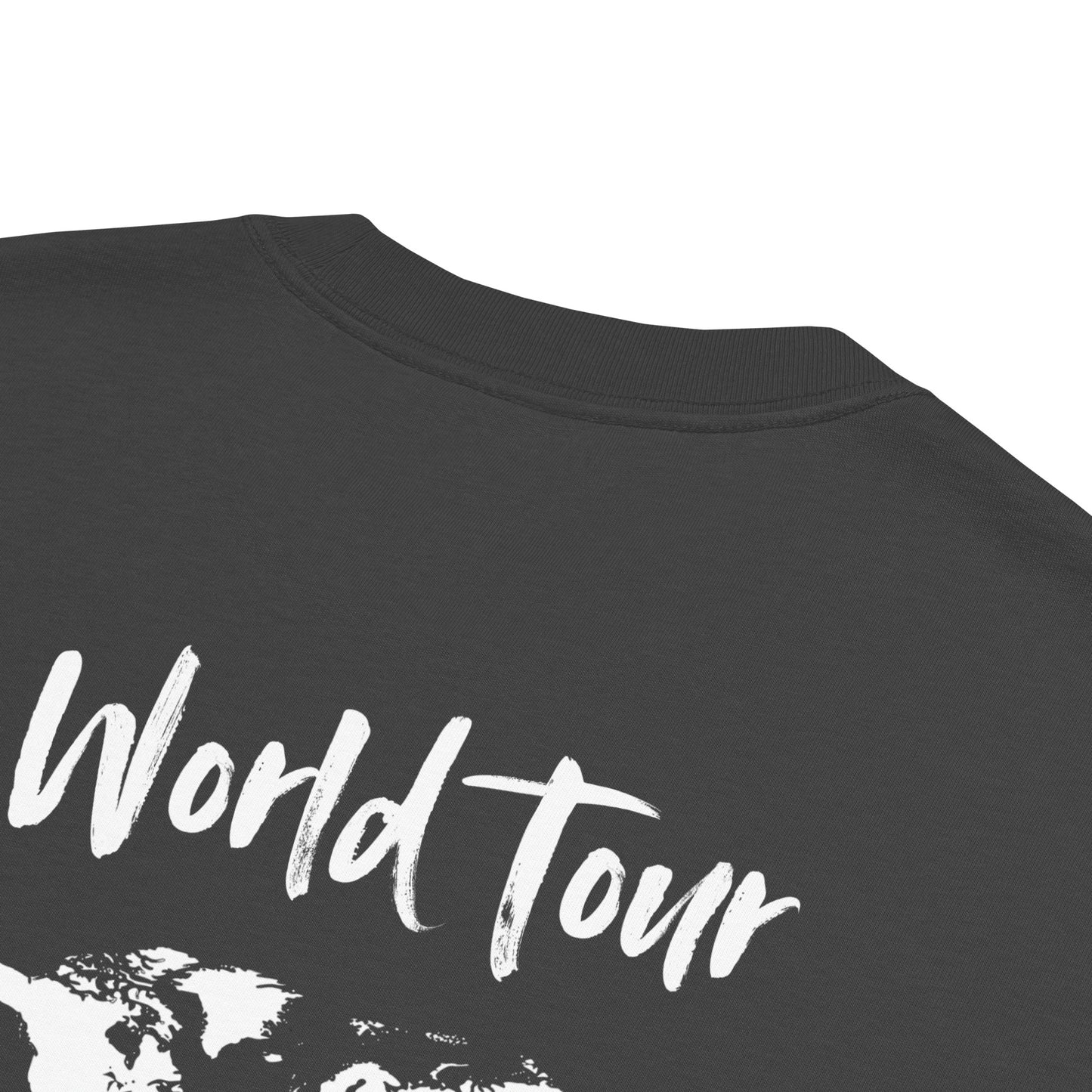 Black t-shirt with 'World Tour' text and world map design on a white background