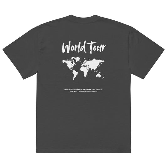 Black t-shirt with world map and 'World Tour' text on a white background