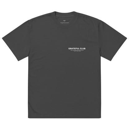 Dark gray t-shirt with 'Grateful Club' text on a white background