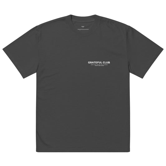 Dark gray t-shirt with 'Grateful Club' text on a white background