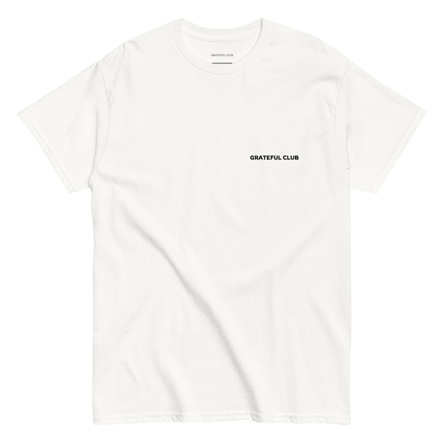 White t-shirt with 'Grateful Club' text on a white background