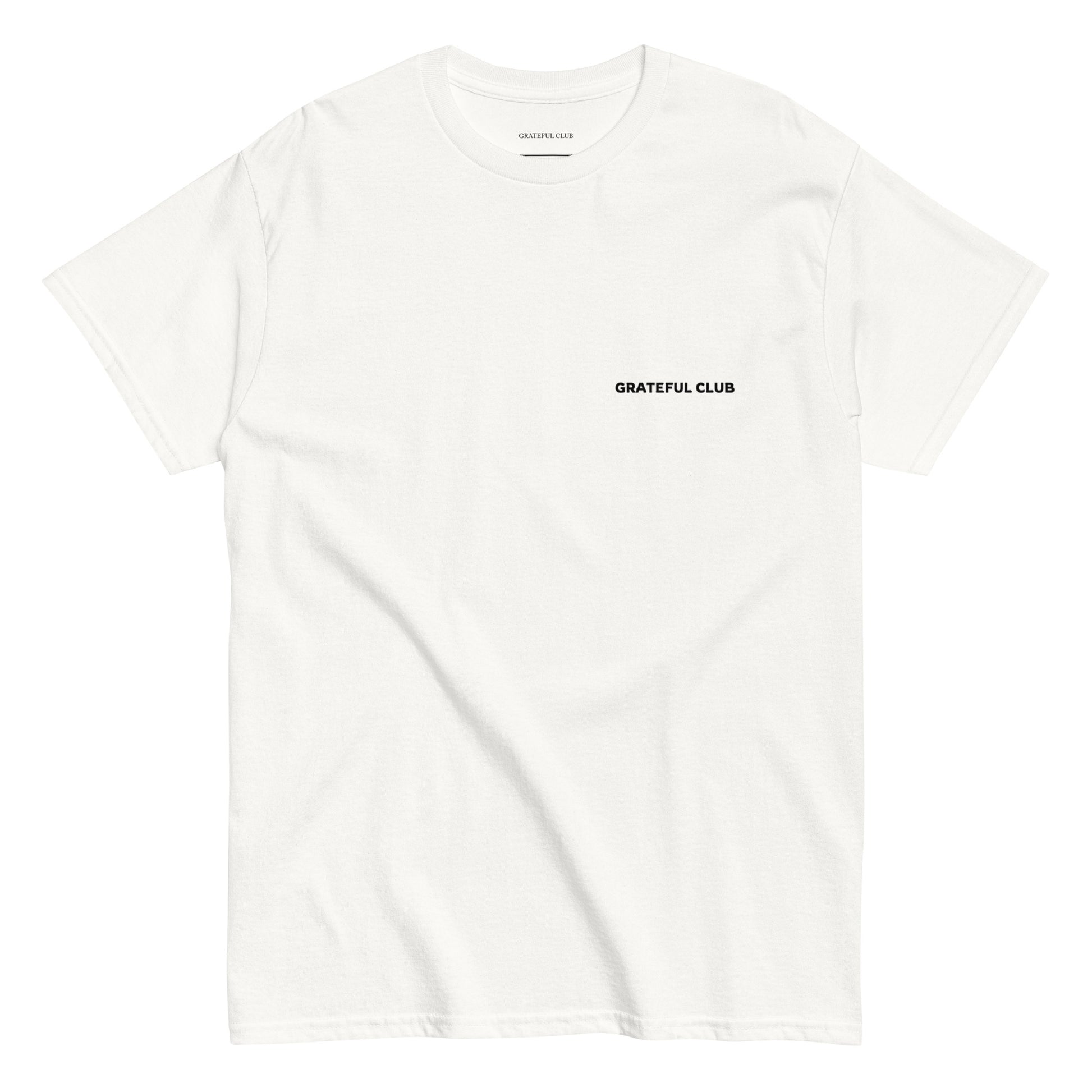 White t-shirt with 'Grateful Club' text on a white background