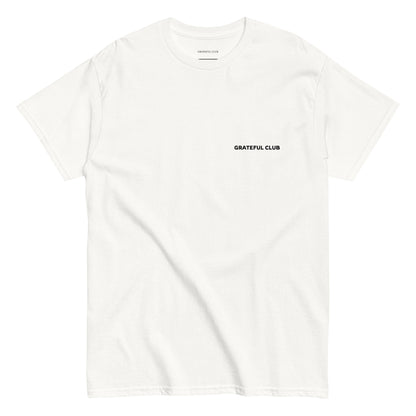 White t-shirt with 'Grateful Club' text on a white background